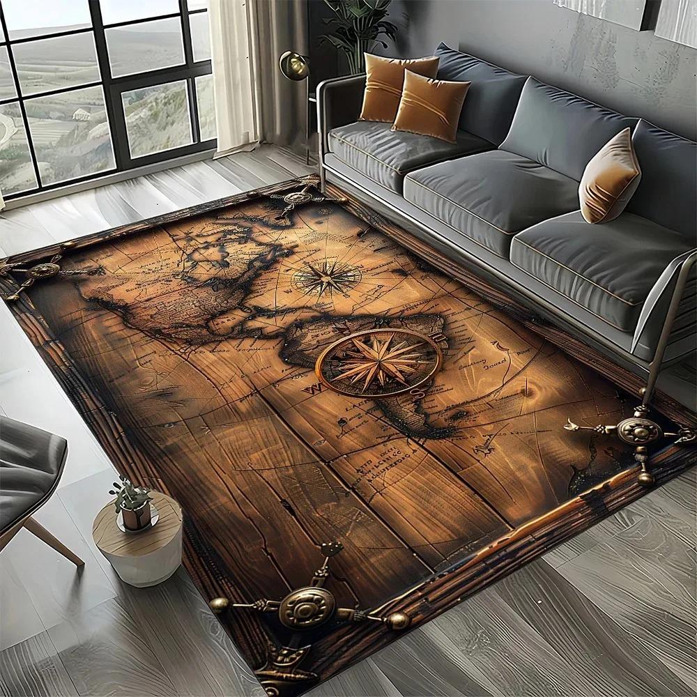 Vintage Nautical Map Rug with Sailing Ships Compass Retro Ocean Adventure Carpet Soft Durable Living Room Floor Decor
