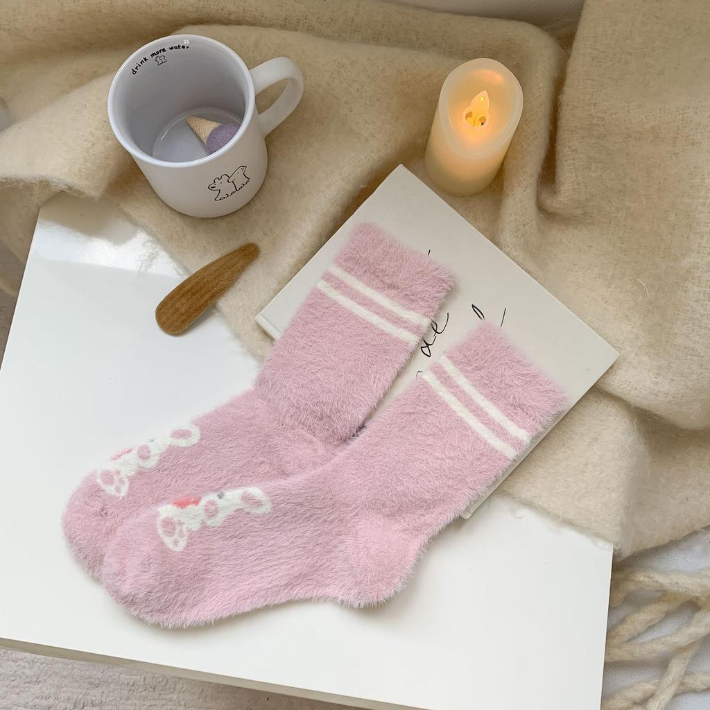 Pink Mink Fleece Socks Winter Thickening Comfortable Plush Mid Socks Thick Warm Cute Strawberry Bunny