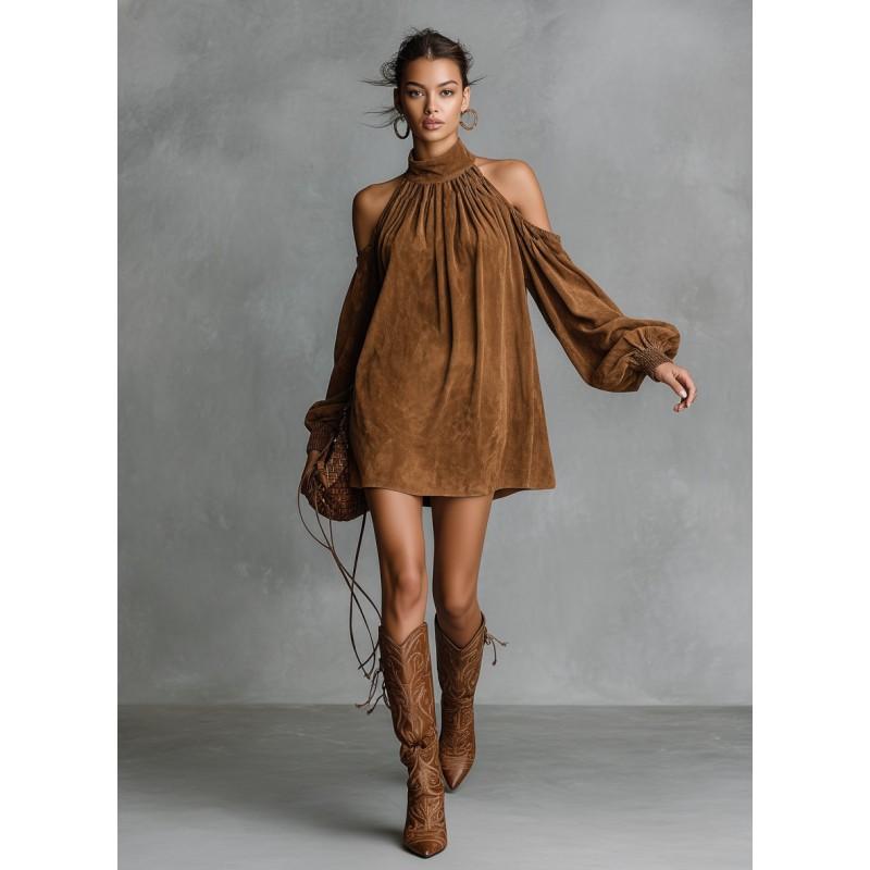 2026 Womens Loose Suede Halter Mini Dress Lantern Sleeve Sweet Party