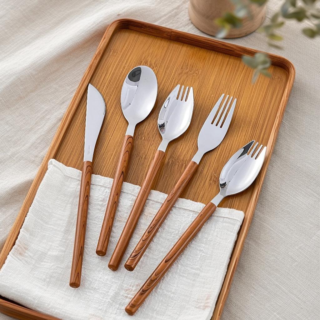 Wood Grain Cutlery Set 304 Stainless Steel Dinner Knife Fork Spoon Reusable Plastic Handle Dinnerware Set For Kitchen Restaurant