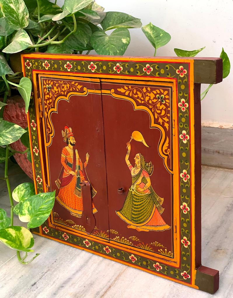 Antique Painted Indian Jharokha Window: Royal King Wall Hanging