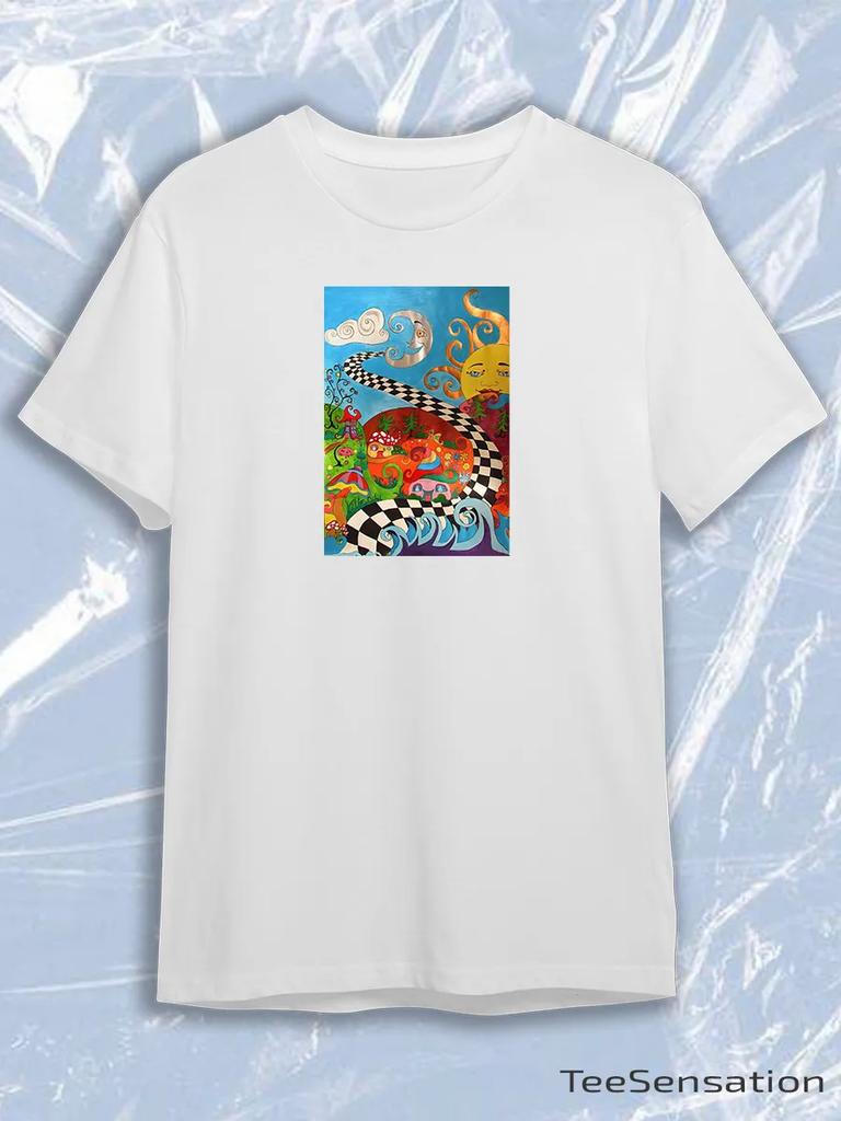 TeeSensation White Crew Neck Short Sleeve T-Shirt with Colorful Psychedelic Sun Moon Checkered Road Print