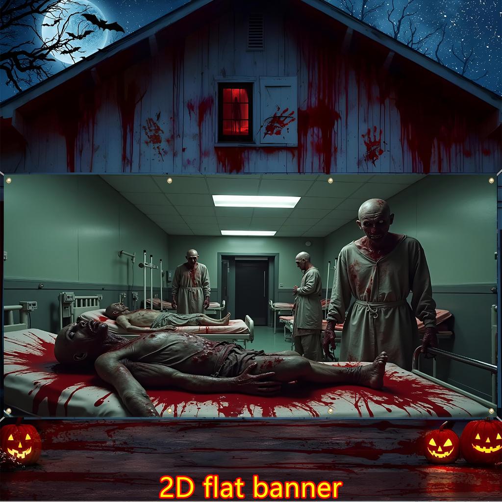 2D door banner 1 large horror hospital garage door banner - abandoned morgue scene with zombieszyc