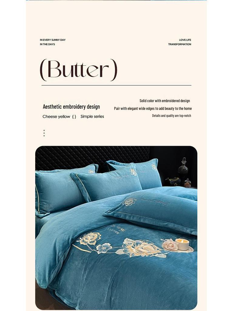 Winter Warm Milk Velvet Embroidered Four-Piece Anti-Static Double-Sided Fleece Bedding Set