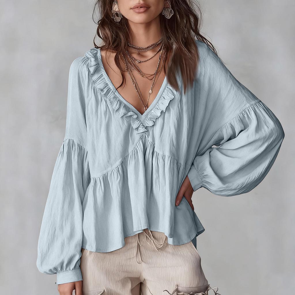 Women's Loose-fitting, Casual, And Sweet Blouse With Ruffled Trim And Puff Sleeves.