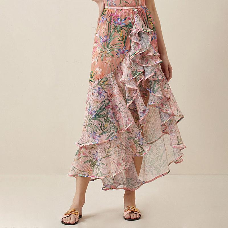 

European & American Style Floral Midi Skirt - Layered Holiday Beachwear Large рожевий