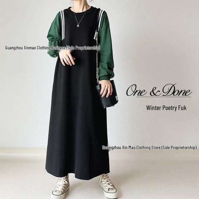 Spring Style Japanese Women s Colorblock Patchwork Solid Long Sleeve Midi Dress Large чёрный