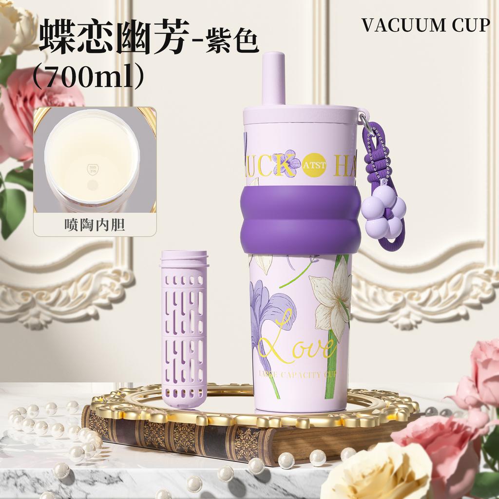 Flower series thermos cup children's large-capacity coffee cup straw cup accompanying cup Bingba water cup