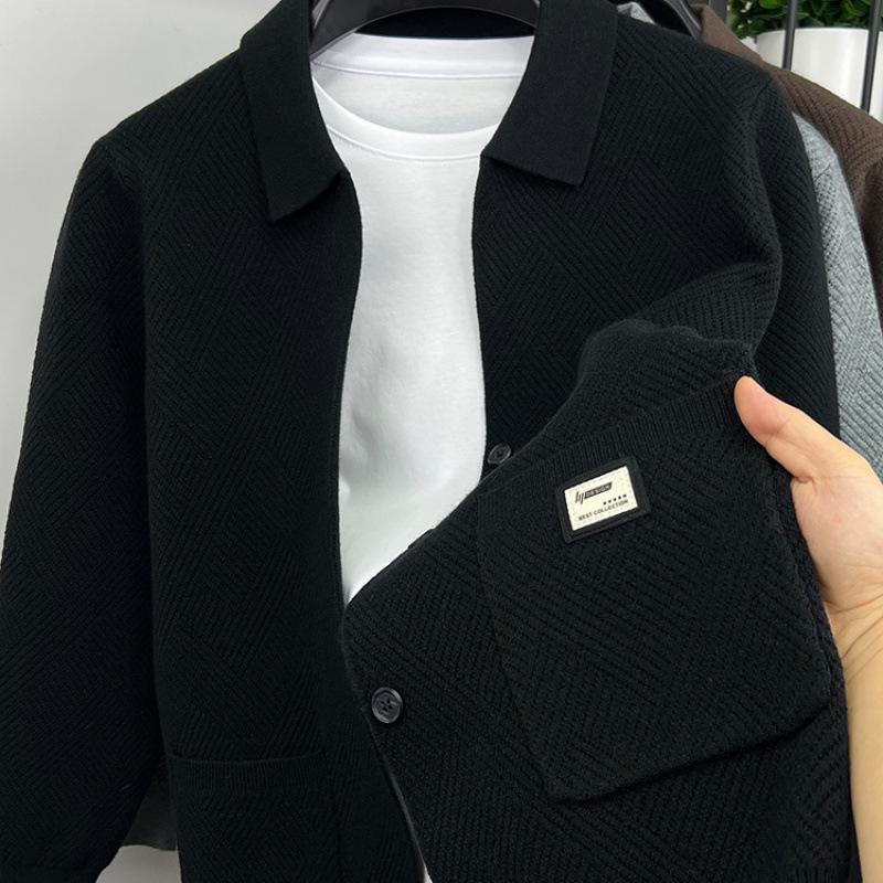 

Модный вязаный кардиган мужской весенне-осенний изысканный жаккардовый свитер-шаль с карманами, брендовое повседневное пальто XS чёрный