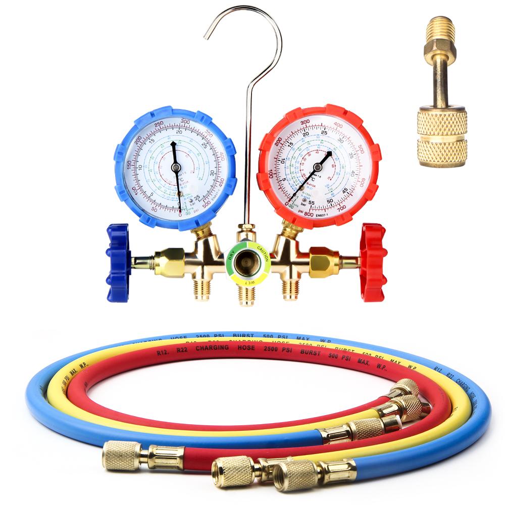 Freon For R12 R22 R404A R134a New Air Conditioning Pressure Gauge with Hose and Hook 3 Way AC Diagnostic Manifold Gauge Set