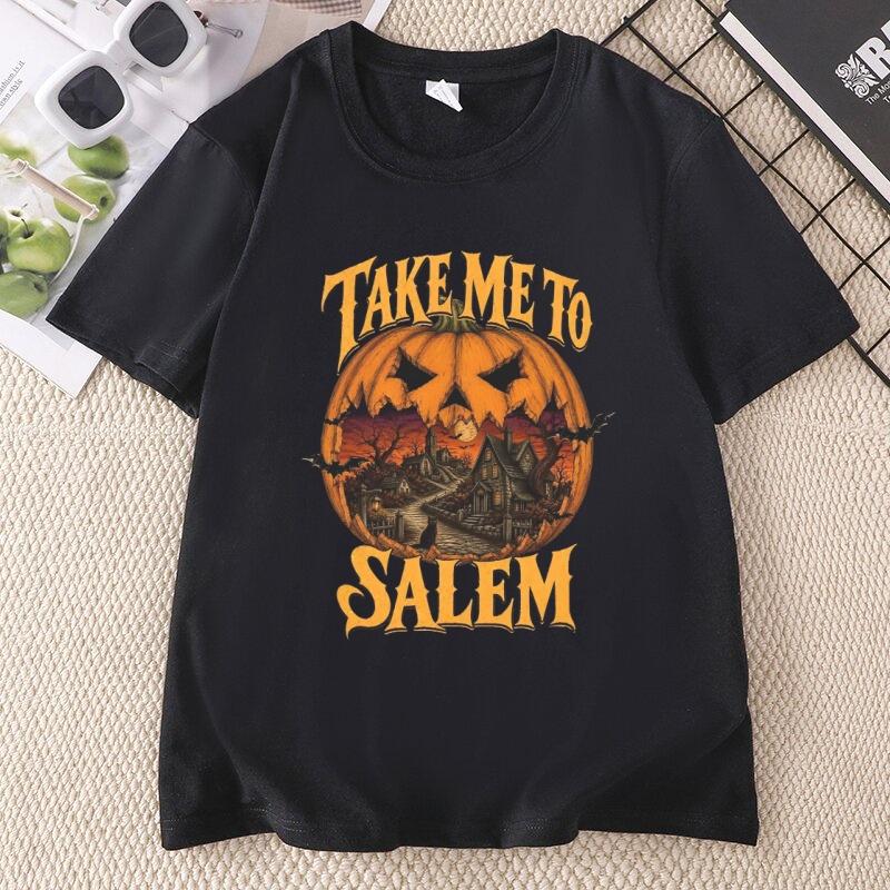 Vintage Halloween Take Me To Salem Tshirt Unisex Witch T Shirt Design Cotton Short Sleeve Pumpkin Spooky Season Tees Clothes