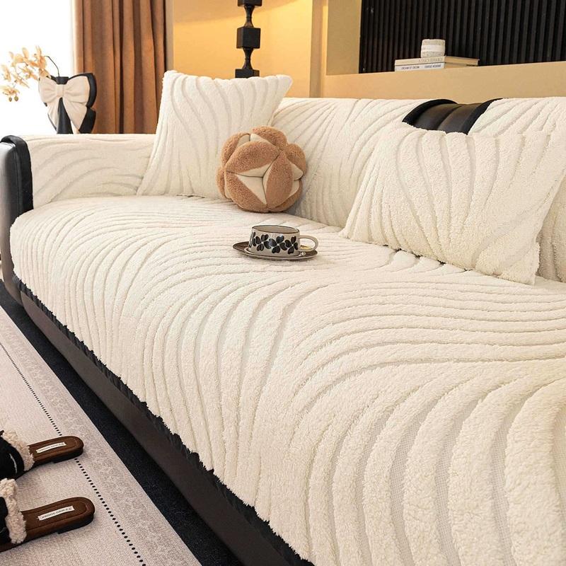 Cream Thicken Plush Sofa Cushion Cover Jacquard Winter Sofa Towel Non-slip Couch Furniture Protector for Living Room