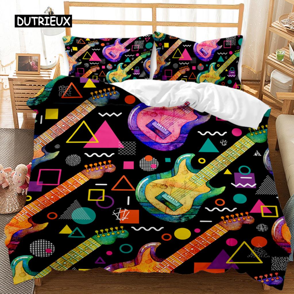 Für Teenager - Gitarren Bettwäsche-Set Einzelbett Rockmusik Deckenbezug-Set Hip Hop Hippie Tagesdecke Blau Gitarre Polyester Bettwäsche-Set