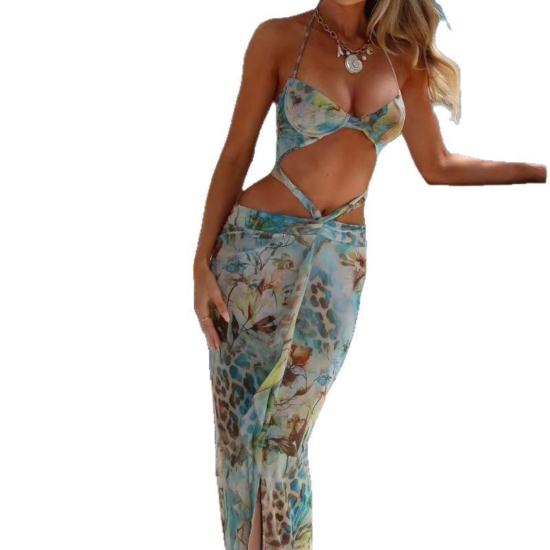Hot-Selling Summer Strapless Tie-Up Print Slit Dress