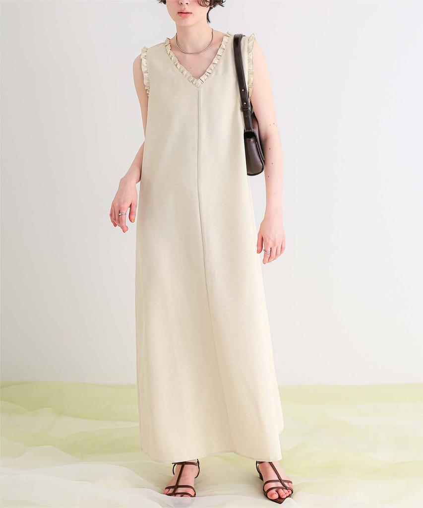 Frill Design Sleeveless Dress AHXN2376 L Ivory [Titivate] Linen-like V-neck Women's