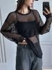 Großformatiges schwarzes Netz-Cutout Langarm-Layering-Top
