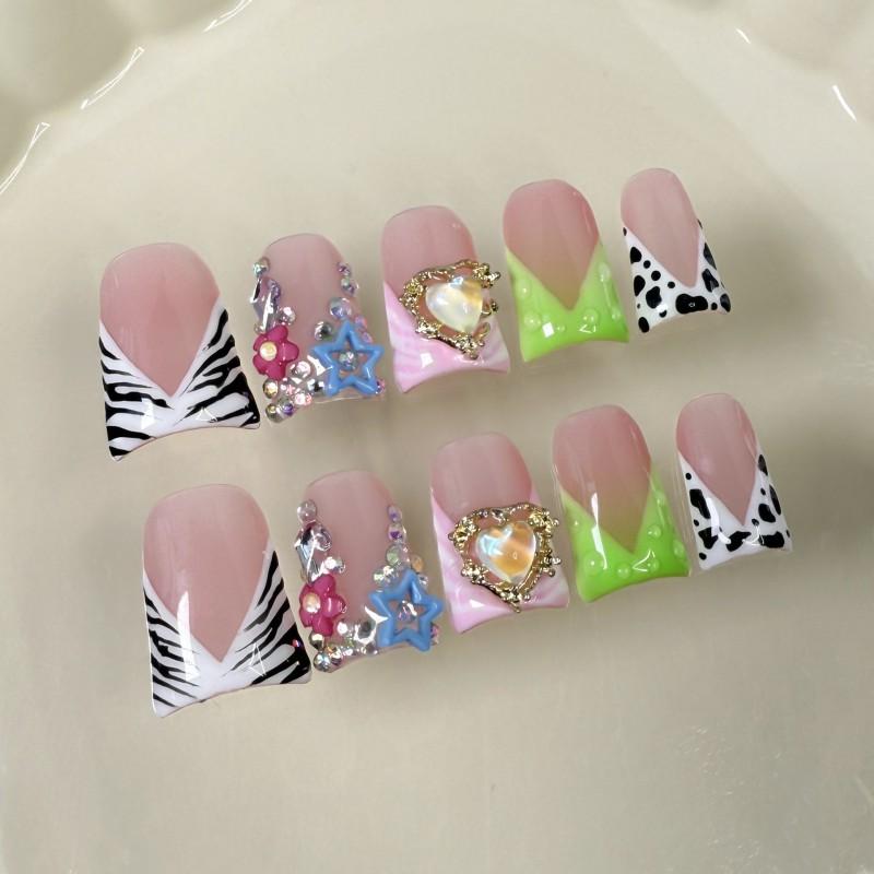 Short Duckbill Press-On Nails With Heart Star Ice-Transparent Cute Sweet Zebra Polka Dot Manicure Tips