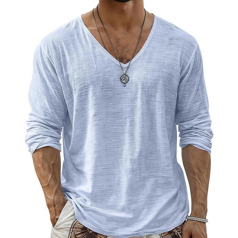 Mens Casual Loose Long Sleeve V Neck Solid T Shirt