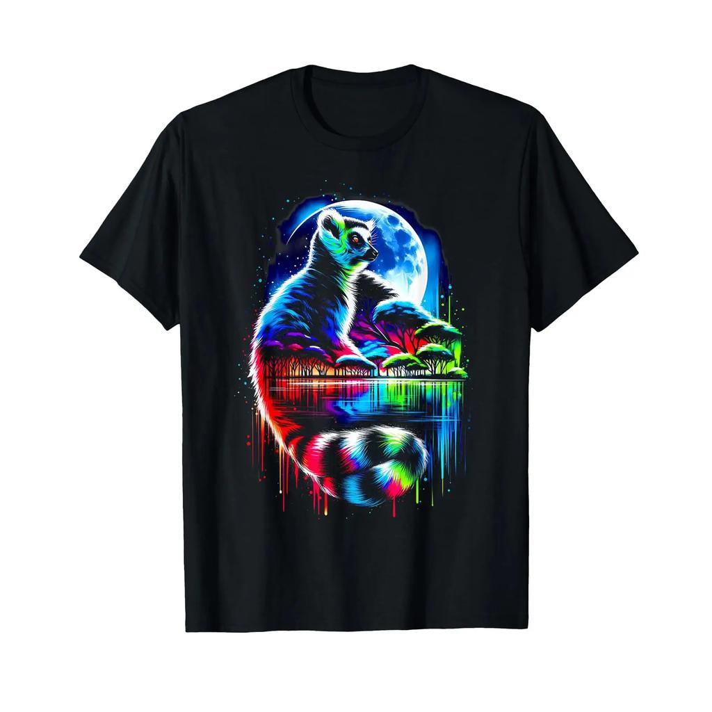 Colourful Lemur Spirit Animal Cool Illustration Art T Shirt Black Vintage Soft Breathable Fashion Stretched Graphic