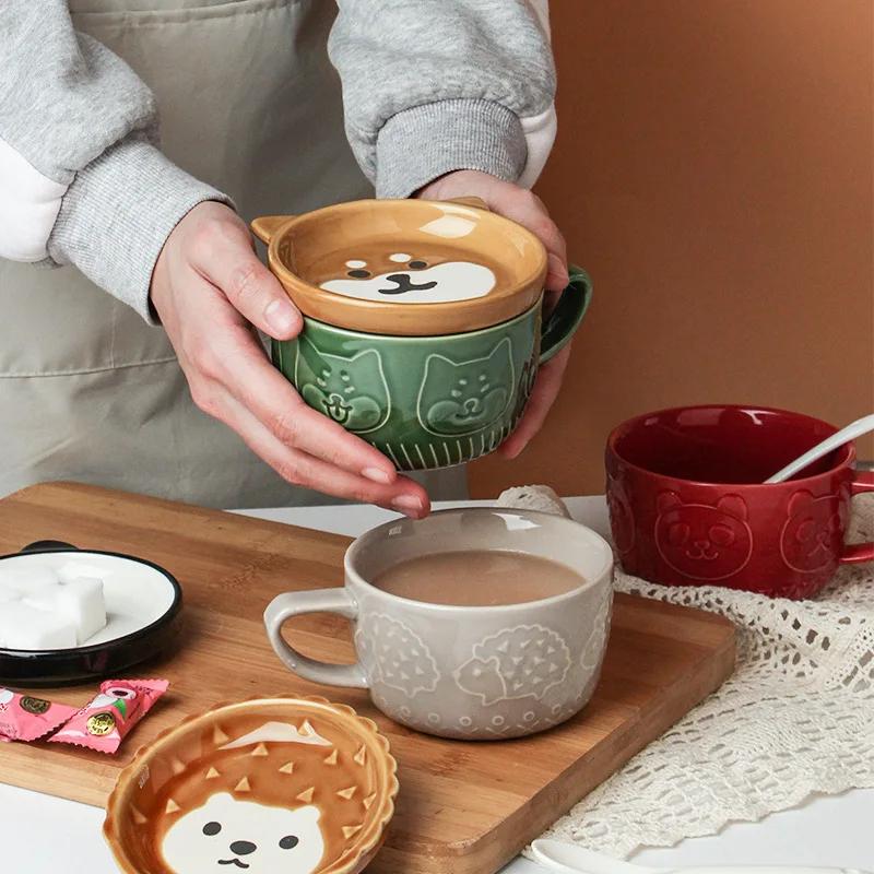 Ceramic Coffee Cups Mug Ceramics Cute Cat Cup Kids Breakfast Oat Milk Mugs Lid Personality Gift  Animal Cartoon Ceramic Cup