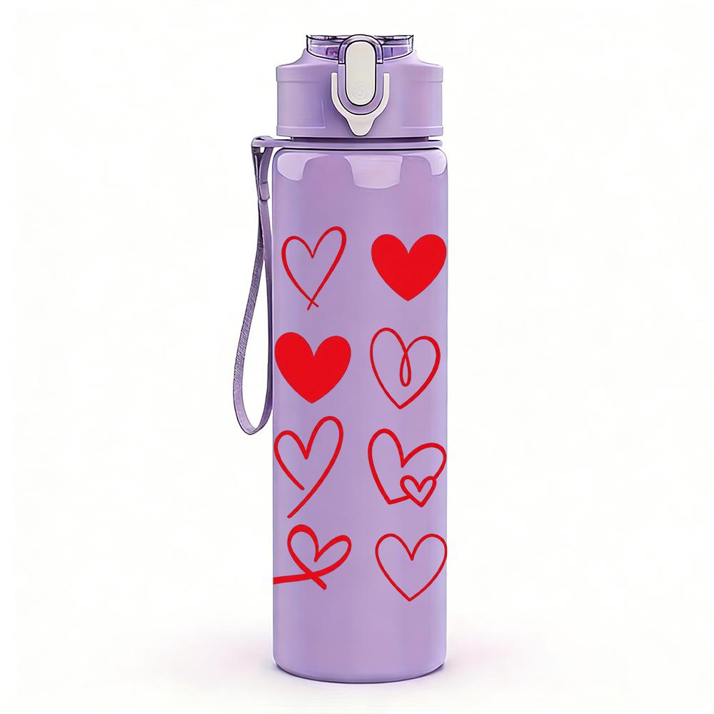 1PC Simple Red Hearts Collage Graphic,750ml Color Plastic Sports Water Bottle,Leakproof Flip Straw Lid,Suitable for Sports Office Home Use