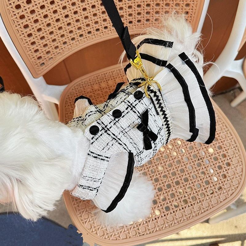 Elegant Tweed Style Dog Dress Harness Set Summer Pet Clothes with Leash for Small Dogs Cats Puppy 1-3 Set