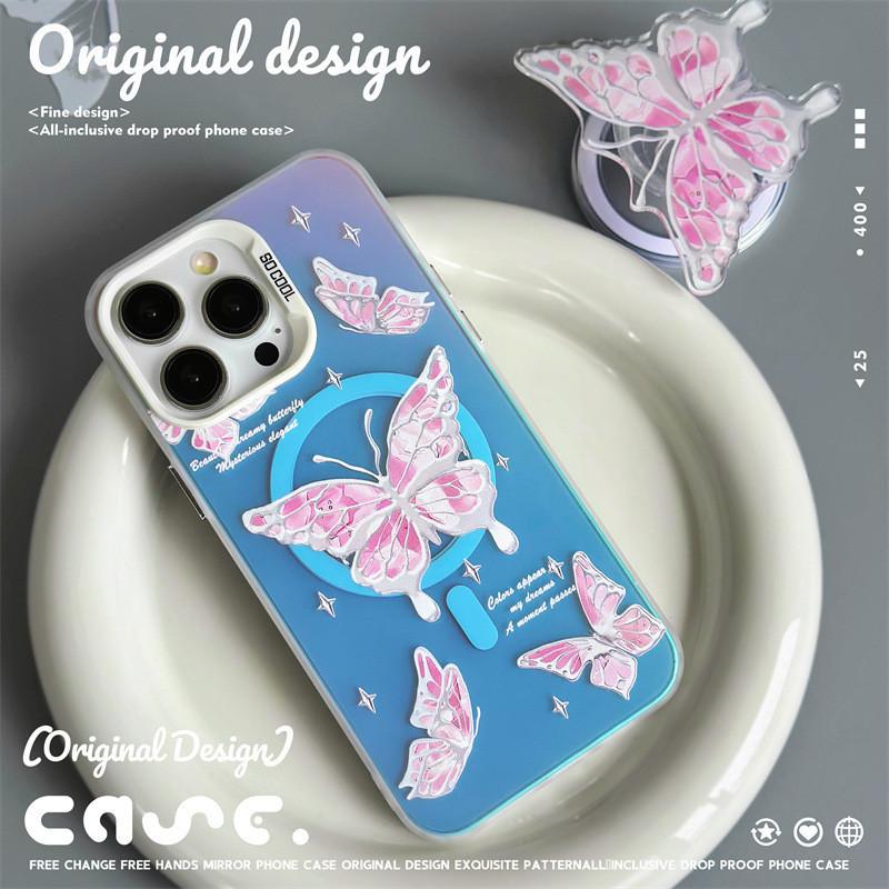 Magnetic Bracket Frosted Phone Case Compatible and Suitable for iPhone15 14 13 12 11promax Xsmax Xr 7 8plus Elegant Pink Butterfly