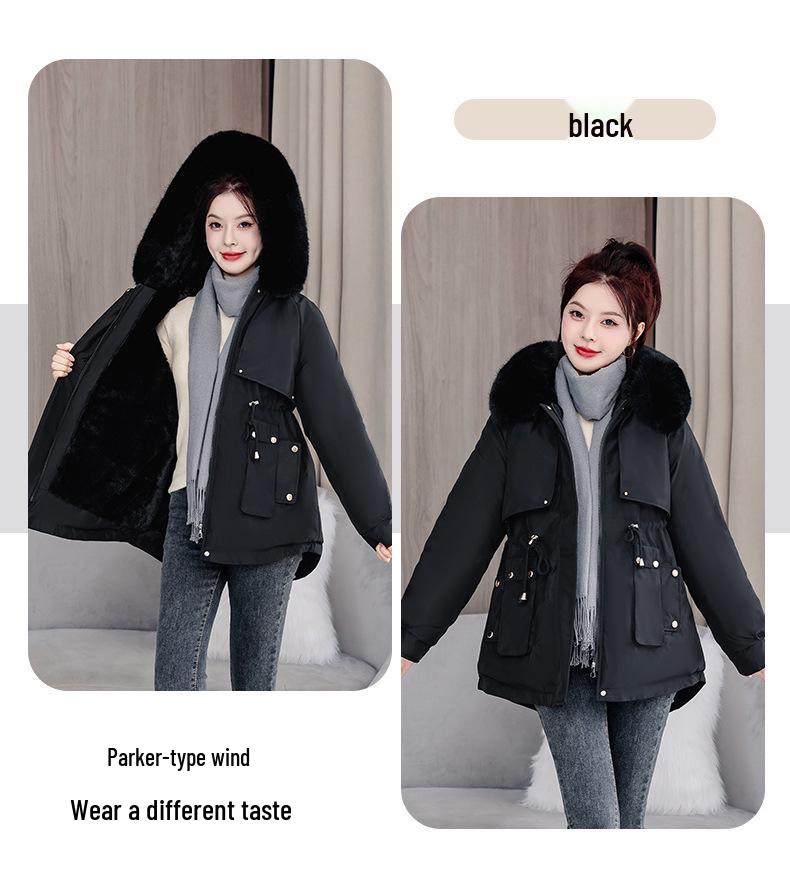Petite Women's Thickened Down Parka with Fleece, Large Fur Collar, Korean Style, Waist-Cinched Hooded Jacket