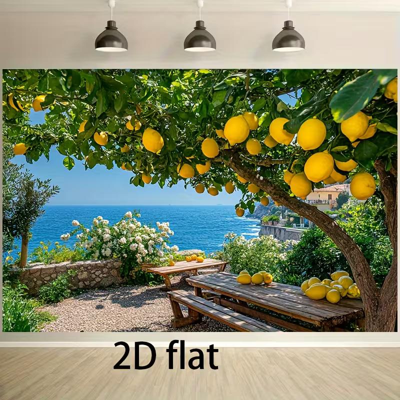 Helles Mittelmeer-Zitronenbaum-Wandteppich, Sonnenterrasse mit Blick auf das Blaue Meer und einem fruchttragenden Zitronenbaum, Frische Sommer-Wandkunst