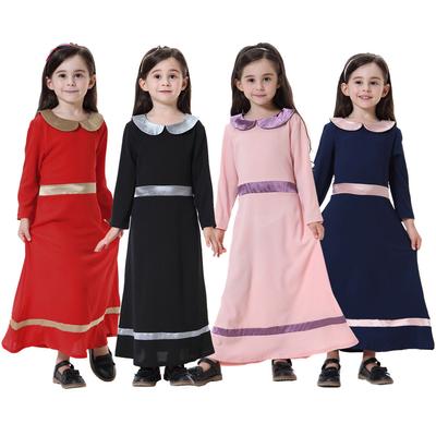 Muslim Kids Girls Dress Abaya Kaftan Long Sleeve Dress+Hijab+Bow Fall Arab Maxi