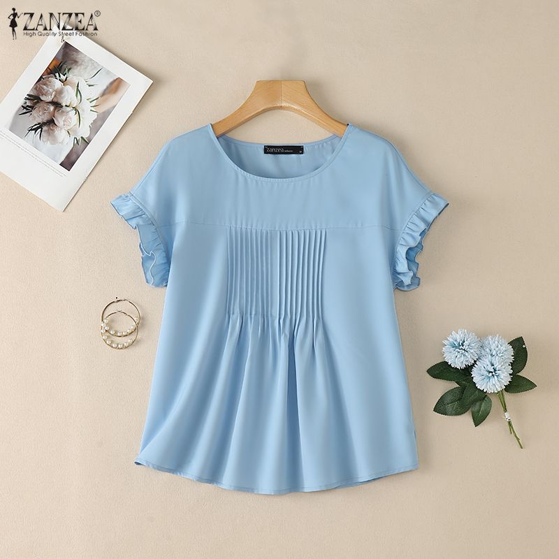 ZANZEA Blusa Casual da Donna a Maniche Corte e Girocollo a Tinta Unita