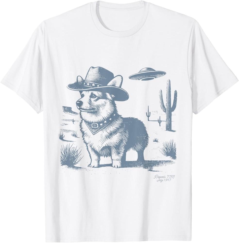Vintage Funny 90s Western Cowboy Corgi Ufo T-Shirt Unisex T-Shirt L