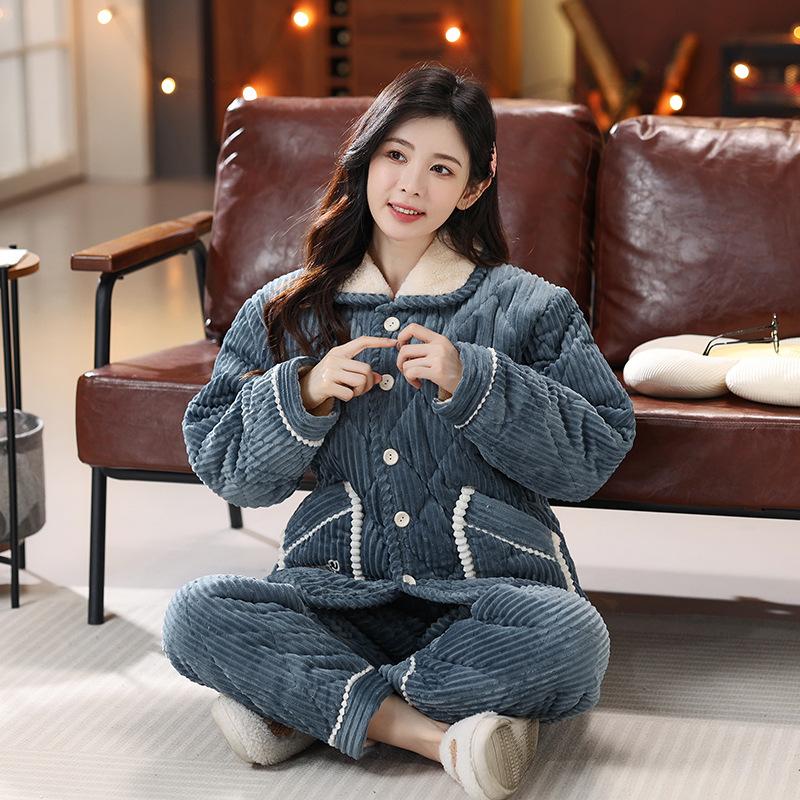 Pajamas Women's Winter Three-layer Thickened Padded Jacket Coral Fleece Lapel Super Warm Can Be Worn Outside Loungewear