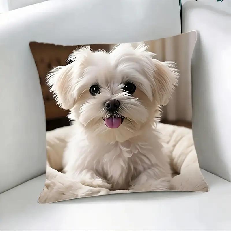 1Pc Maltese Dog Tongue Out Cute Printed Throw Pillow Cover, Suitable For Sofa, Bedroom, Living Room, Healing Gift For Dog Lovers