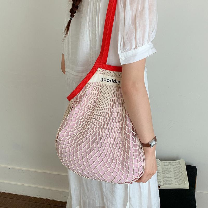 Korean Mesh Net Tote Bag Women Large Capacity Summer Hollow Out Beach Bag Lightweight Shoulder Bag For Vacation Shopping Handbag
