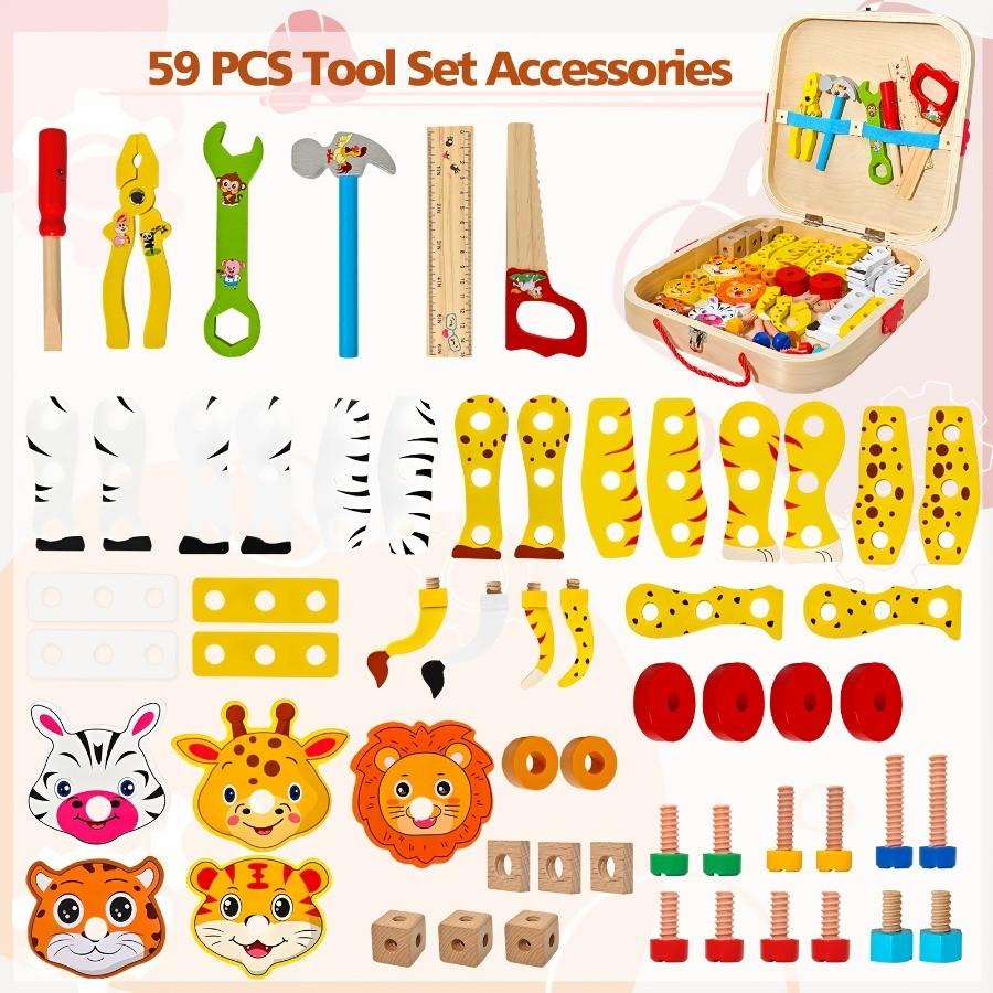 [Wooden Animal Toolbox] Children Wooden Toolbox Educational Toys Nuts Screws Simulated Carpenter Assembly Repair Tools Creative Play Set