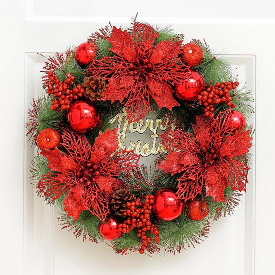 Christmas Wreath for Front Door Artificial Pine Needle Wreath with Balls Bows Flowers Merry Christmas Hanging Decor for Home Wall Window Porch Indoor