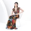 Summer Women Deep V-neck Flying Sleeve Vintage Print Holiday Beach Long Maxi Dresses