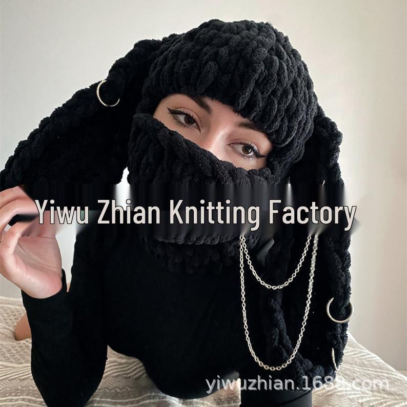 New Hand-Knitted Velvet Rabbit Ear Hat with Devil Horns - Warm, Thick, Sweet, and Stylish Spicy Girl Face Mask