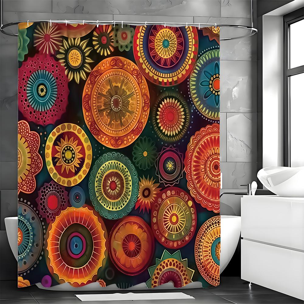 Colorful Circle Pattern Shower Curtain, Bathroom Decorative Shower Curtain, Waterproof Shower Curtain with Hooks