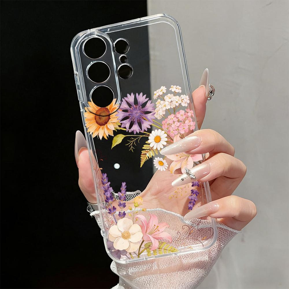 Cute Daisy Floral Transparent Phone Case For Samsung Galaxy S26 S25 S23 S22 Ultra Plus Clear Soft TPU Shockproof Flower Cover