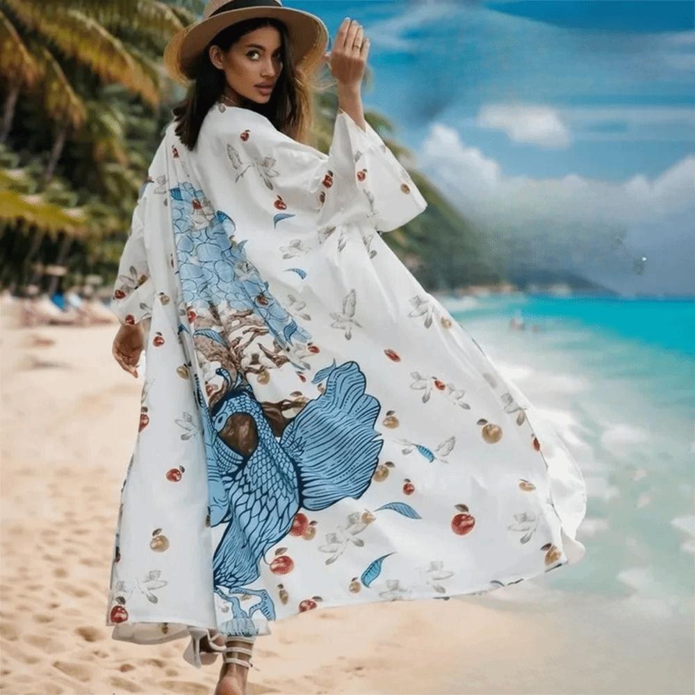 Boho Bikini Cover-ups Peacock Print Loose Maxi Dress Fashion Long Dress Beachwear For Women
