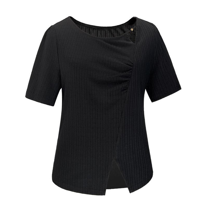 Large-sized Short-sleeved Shoulder-length Slightly Plump Summer New Niche Design Thin Round-neck T-shirt Top for Women