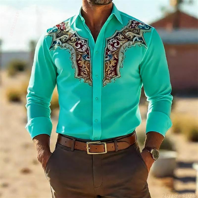 Men's Retro Fashion Printed Long-Sleeve Shirt, Western Cowboy Style, Slim Fit Casual Shirt, Comfortable Fabric, Sizes XS-6XL