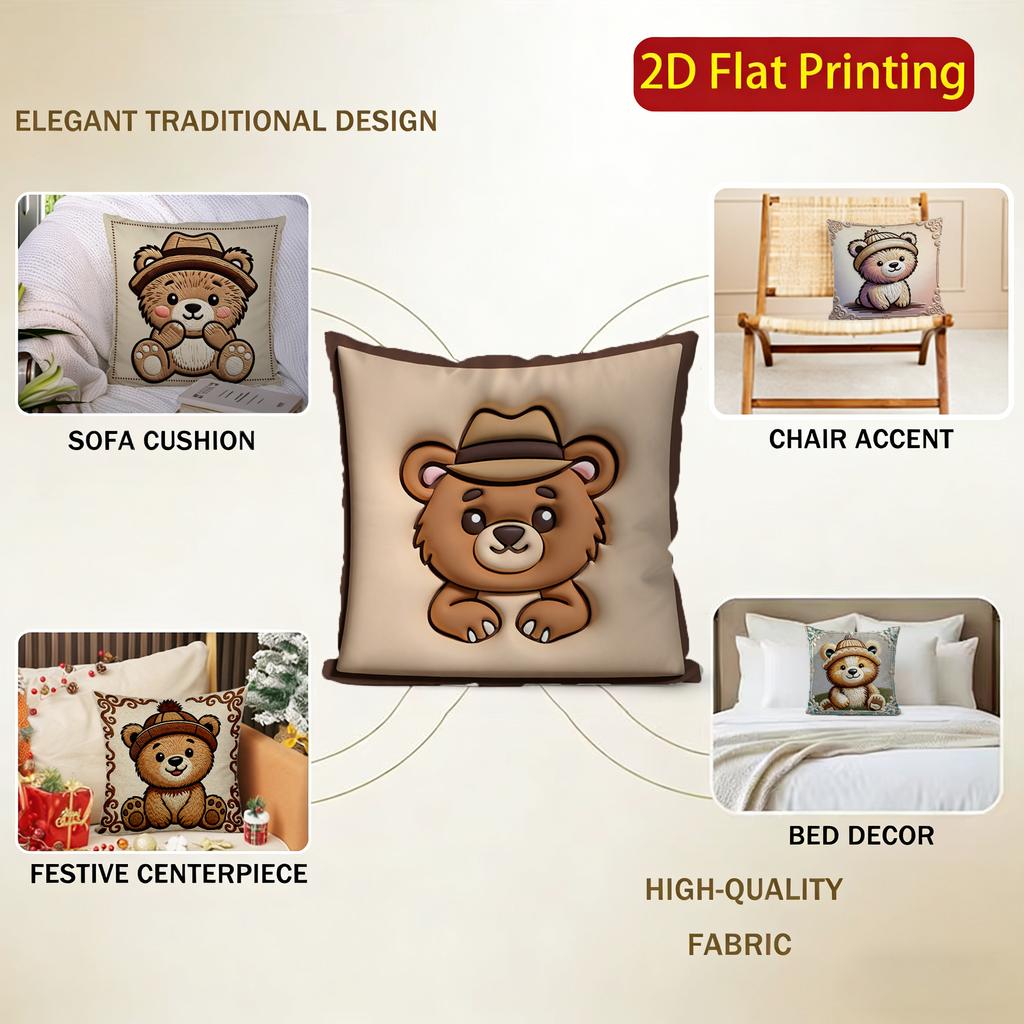 2D Cute Bear-Patterned Throw Pillow Covers Pattern Cushion Cover Suitable For Sofa Bedroom Car Pillow Cover