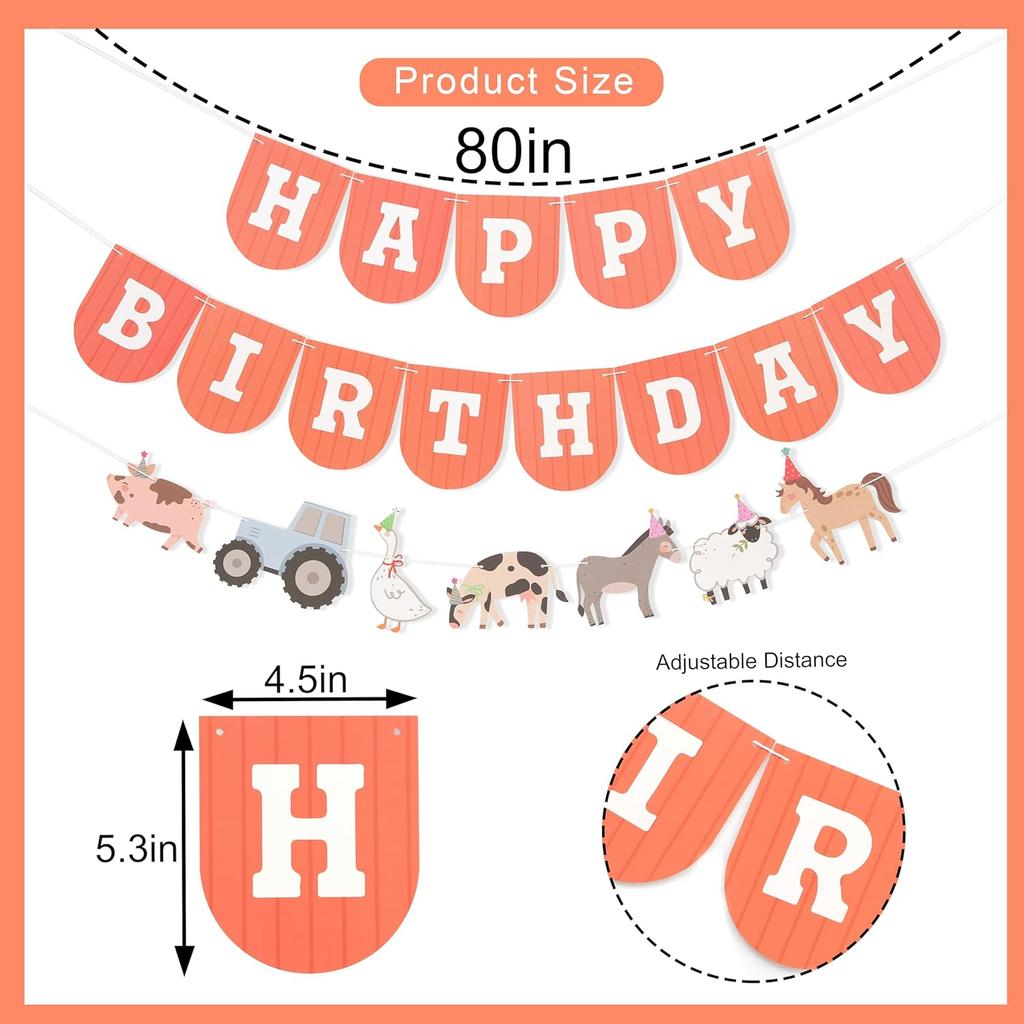 Farm Happy Birthday Banner - Kids Farmyard Birthday Party Decorations, Farm Animals Party Supplies, Happy Birthday Banner with Tractor, Farm Theme