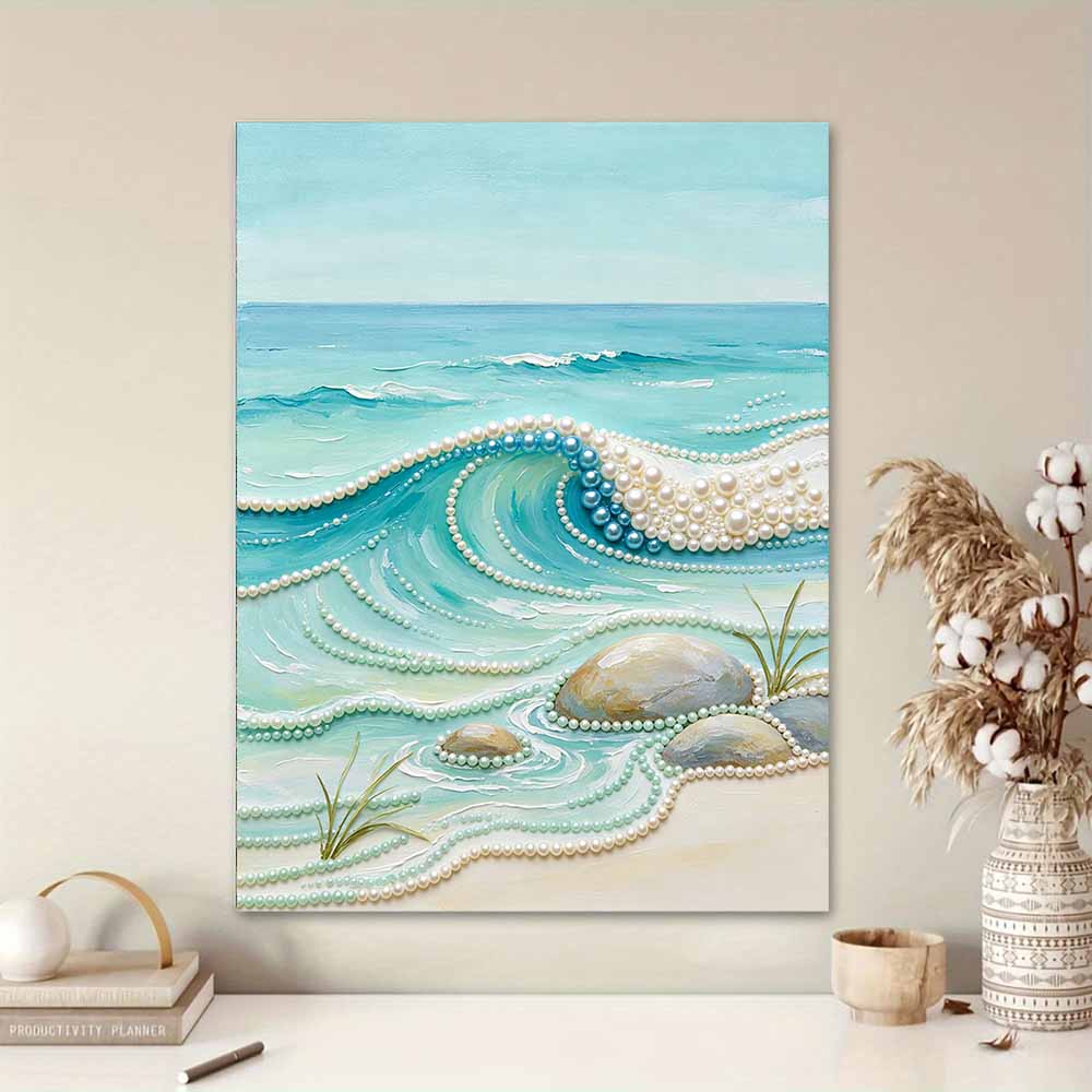 Frameless Pearl Painting DIY Kit Ocean Wave and Sea Stones 3D Sparkling Bead Canvas Relaxing Creative Craft for Art Lovers