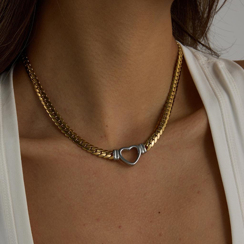 Yori 14K Gold Hollow Heart Flat Snake Chain Necklace Vintage Stainless Steel Elegance Jewelry Gift for Women