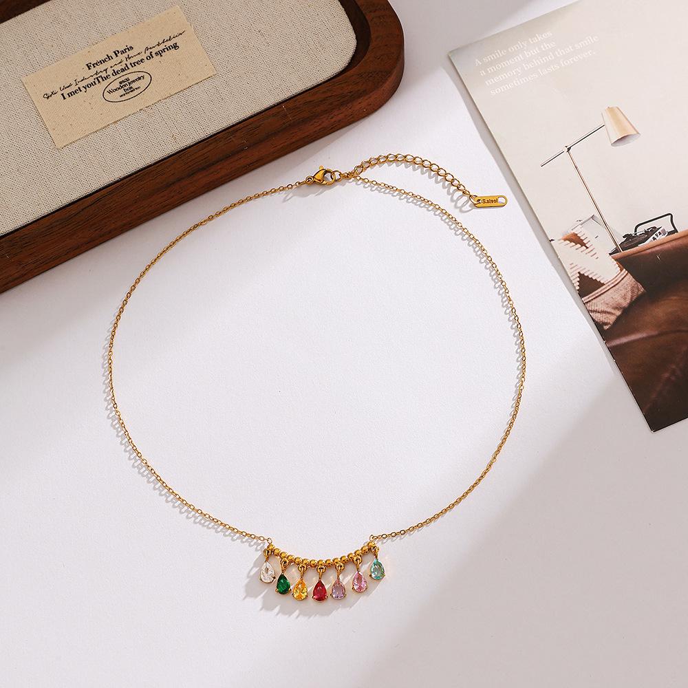 18K Gold Titanium Stainless Steel Zircon Necklace with Colorful Diamond Tassel Pendant - Waterproof