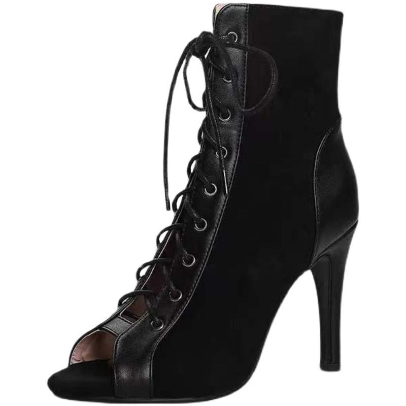 European and American Lace-up Fish Mouth Cool Boots Spring and Summer Thin Heel Hollow Short Boots Jazz Dance High Heels Open-toed Sandals